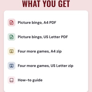 A white card under the headline What you get: picture bingo as A4 and US Letter PDFs, four more games as A4 and US Letter zips, and a how-to guide.