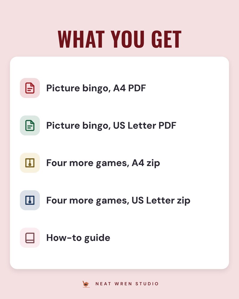 A white card under the headline What you get: picture bingo as A4 and US Letter PDFs, four more games as A4 and US Letter zips, and a how-to guide.
