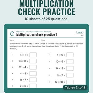 Multiplication check practice sheet with 25 times tables questions from the 2 to 12 times tables.