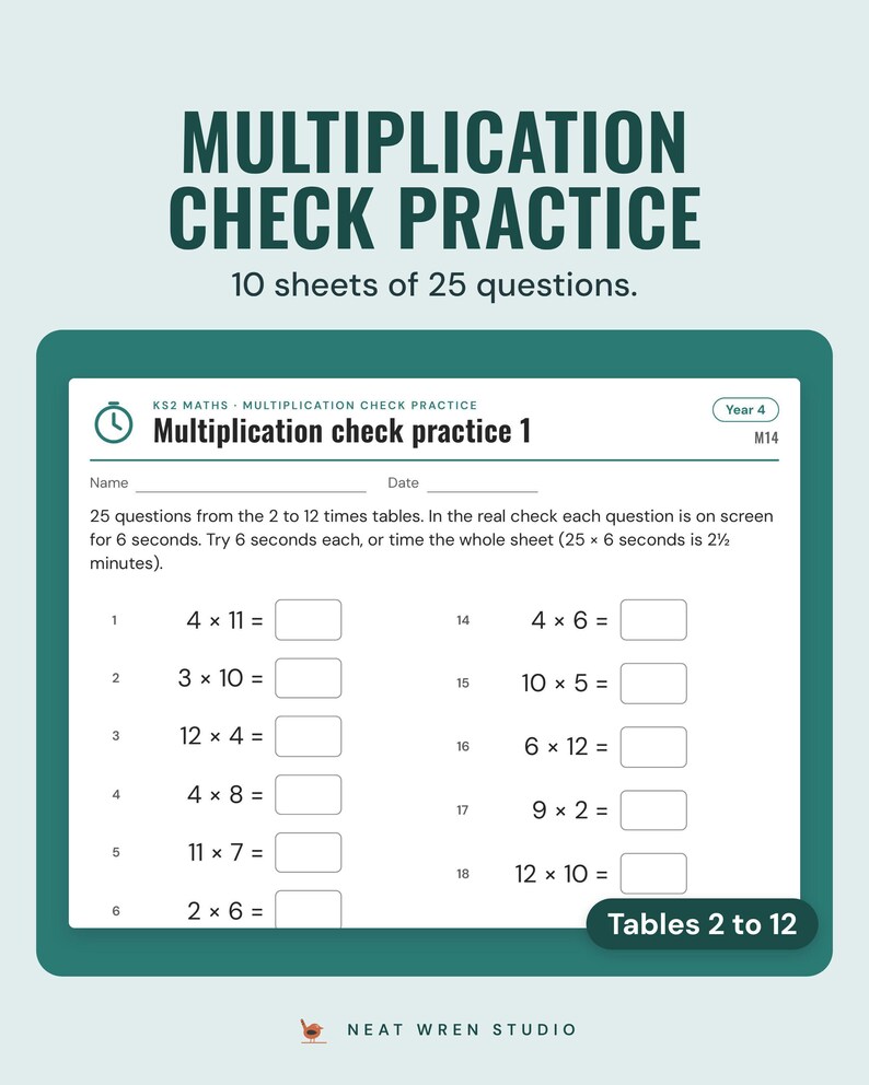 Multiplication check practice sheet with 25 times tables questions from the 2 to 12 times tables.
