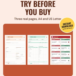 Three sampler pages side by side, a burst planner, a monthly budget and a Christmas card game, under the headline Try before you buy, with an Instant download sticker.