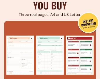 May include: Three printable planner pages in A4 and US Letter sizes. The pages include a Burst Planner, a Monthly Budget, and a Cards 1 to 8 sheet. Text reads: TRY BEFORE YOU BUY, Three real pages, A4 and US Letter, INSTANT DOWNLOAD print at home.