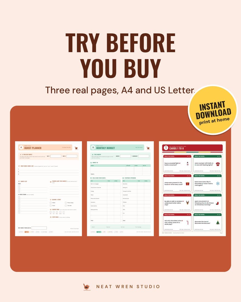 Three sampler pages side by side, a burst planner, a monthly budget and a Christmas card game, under the headline Try before you buy, with an Instant download sticker.