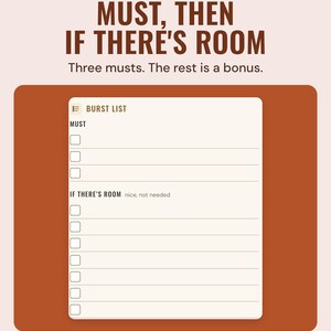 The Burst list section of the burst planner sheet in the Earthy colourway, with three Must boxes and seven If there's room boxes.