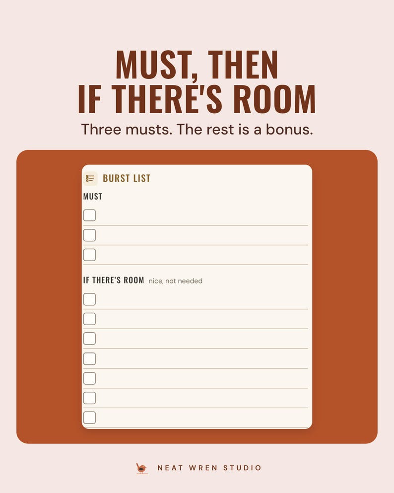 The Burst list section of the burst planner sheet in the Earthy colourway, with three Must boxes and seven If there's room boxes.