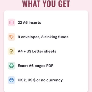 What you get: 22 A6 inserts, 9 cash envelope trackers and 8 sinking funds, A4 and US Letter sheets, an exact A6 pages PDF, UK pounds, US dollars or no currency.