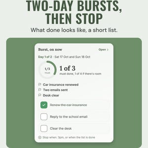 Burst tile: day 1 of 2, a ring with 1 of 3 must done, three lines of what done looks like and the must list to tick.