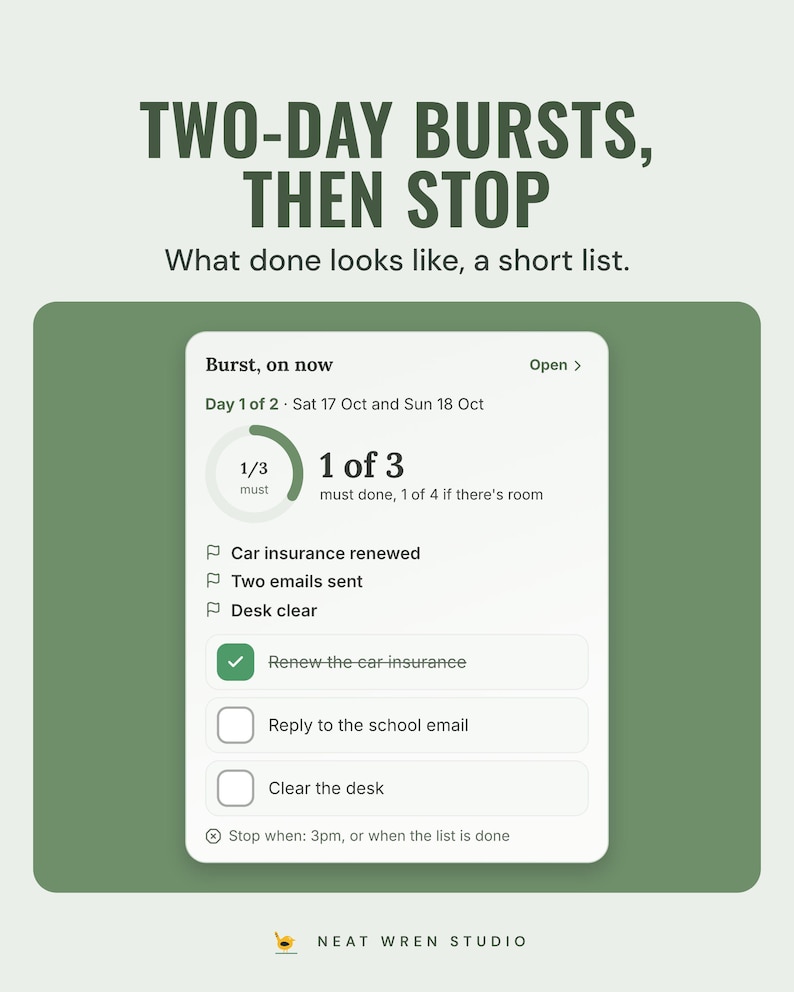 Burst tile: day 1 of 2, a ring with 1 of 3 must done, three lines of what done looks like and the must list to tick.