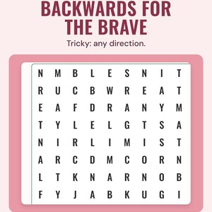 A tricky Christmas word search grid on a pink background, under the headline Backwards for the brave, and the line Tricky: any direction.