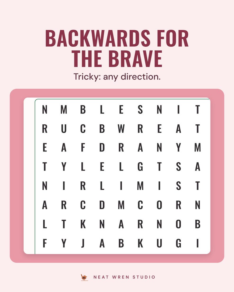 A tricky Christmas word search grid on a pink background, under the headline Backwards for the brave, and the line Tricky: any direction.
