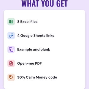 A white card under the headline What you get: 8 Excel files, 4 Google Sheets links, example and blank, an Open-me PDF and 30% Calm Money code.