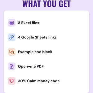 What you get: 8 Excel files, 4 Google Sheets links, example and blank, Open-me PDF, 30% Calm Money code