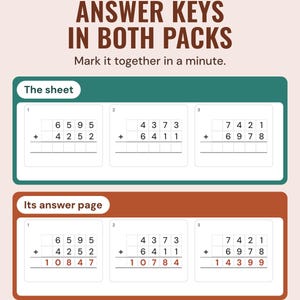 A KS2 column addition sheet above its answer page, where the same sums are shown with the answers filled in.