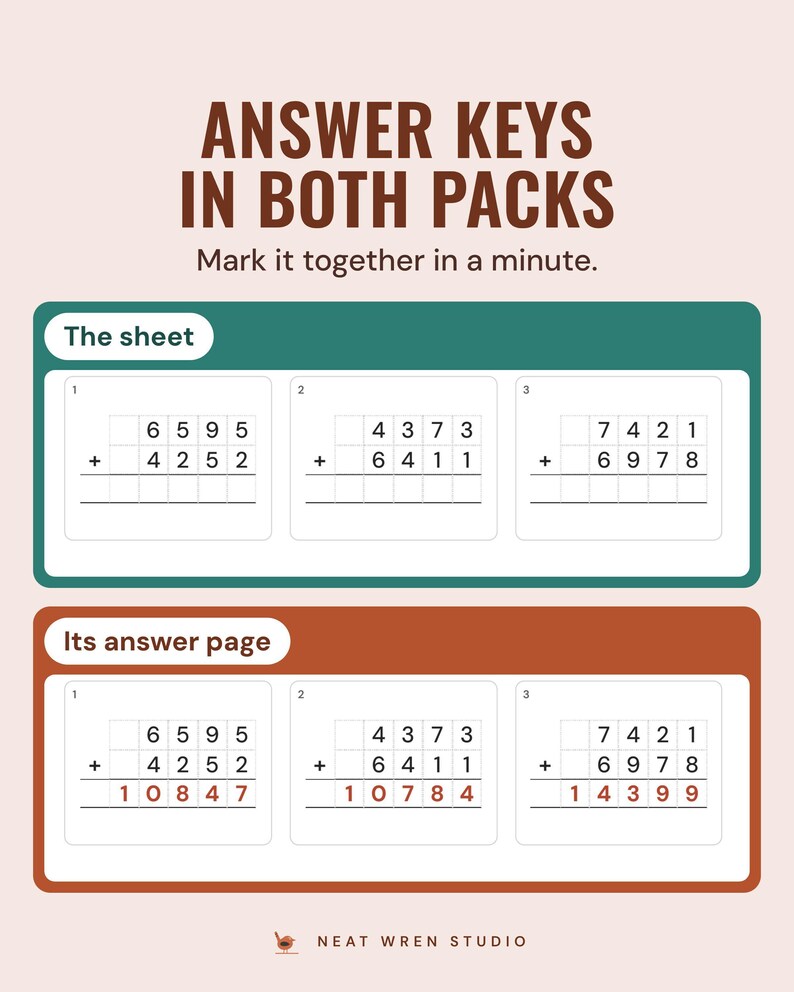 A KS2 column addition sheet above its answer page, where the same sums are shown with the answers filled in.