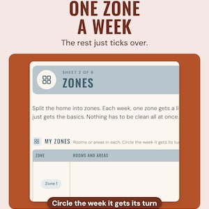 The zones sheet for splitting the home into zones, under the headline One zone a week, and the line The rest just ticks over, with a note: circle the week it gets its turn.