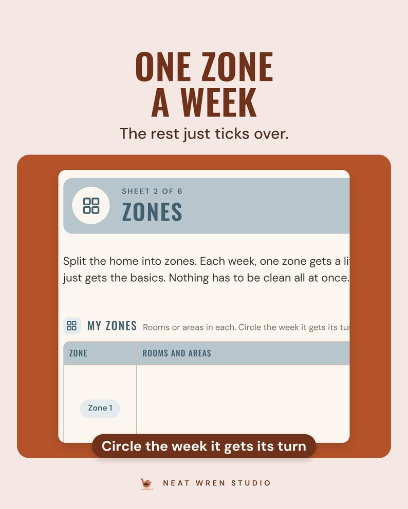 The zones sheet for splitting the home into zones, under the headline One zone a week, and the line The rest just ticks over, with a note: circle the week it gets its turn.