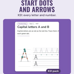 KS1 handwriting sheet for capital A with numbered green start dots, arrows, trace rows and start-dot rows.