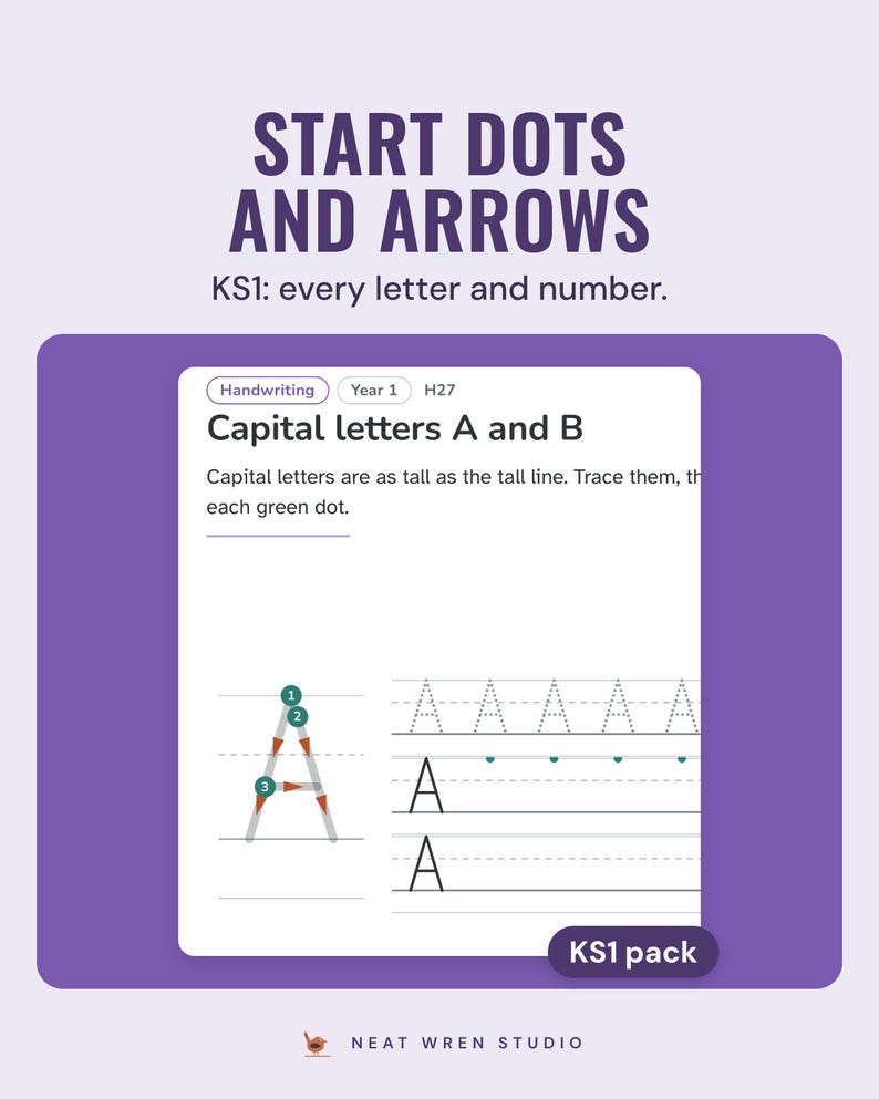 KS1 handwriting sheet for capital A with numbered green start dots, arrows, trace rows and start-dot rows.