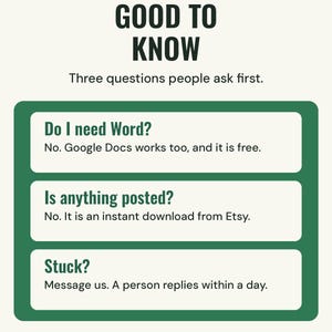 Good to know: Google Docs works if you do not have Word, nothing is posted because it is an instant download, and a person replies to messages within a day.