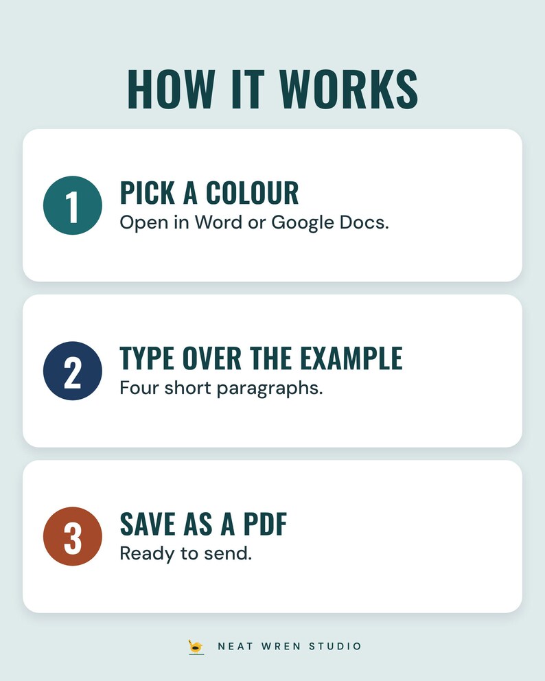 Three numbered steps under the headline How it works: pick a colour (open in Word or Google Docs), type over the example (four short paragraphs) and save as a PDF (ready to send).