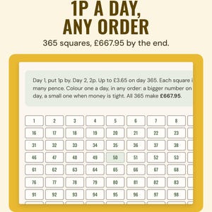 The 1p a day challenge in the Earthy colourway: 365 numbered squares, 667.95 pounds by the end.