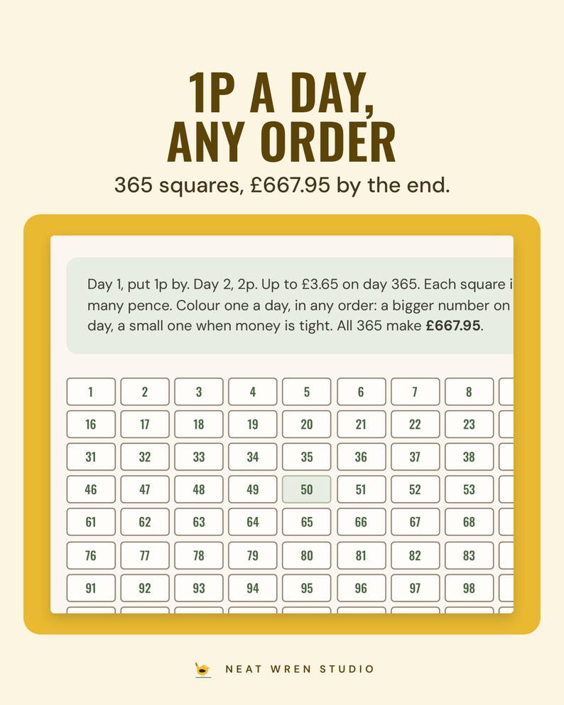 The 1p a day challenge in the Earthy colourway: 365 numbered squares, 667.95 pounds by the end.