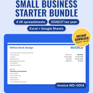 UK Small Business Spreadsheet Bundle: main listing photo showing the product with an 'Instant download' badge. Digital product from Neat Wren Studio.