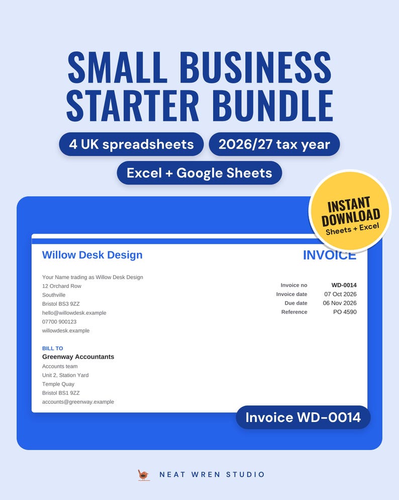 UK Small Business Spreadsheet Bundle: main listing photo showing the product with an 'Instant download' badge. Digital product from Neat Wren Studio.
