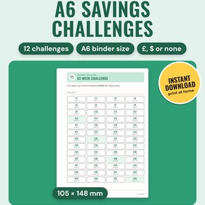 An A6 52-week challenge insert in the Pastel colourway, 105 by 148 mm, with weekly squares from £1 to £52, and an instant download sticker.