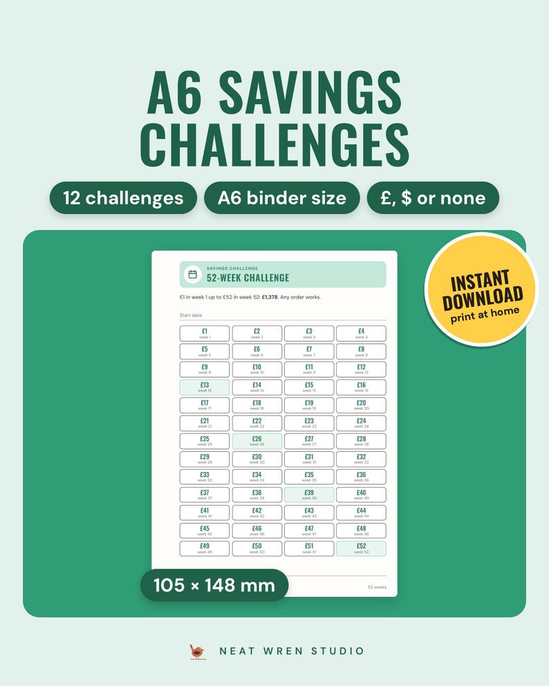 An A6 52-week challenge insert in the Pastel colourway, 105 by 148 mm, with weekly squares from £1 to £52, and an instant download sticker.