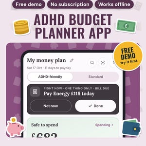 ADHD Budget Planner App | Safe to Spend Today, Bills, Debts and Savings Goals, Works Offline, Free Demo