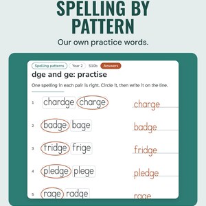 Spelling practice for dge and ge: circle the right spelling in each pair, answers shown on the answer page.