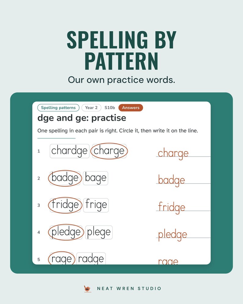 Spelling practice for dge and ge: circle the right spelling in each pair, answers shown on the answer page.