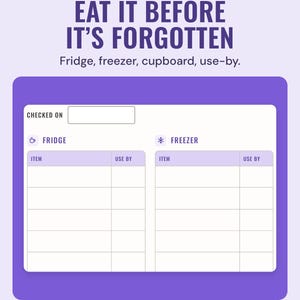 The fridge and freezer check with item and use-by columns, under the headline Eat it before it's forgotten, and the line Fridge, freezer, cupboard, use-by.