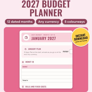 2027 Budget Planner Printable: main listing photo showing the product with an 'Instant download' badge. Digital product from Neat Wren Studio.