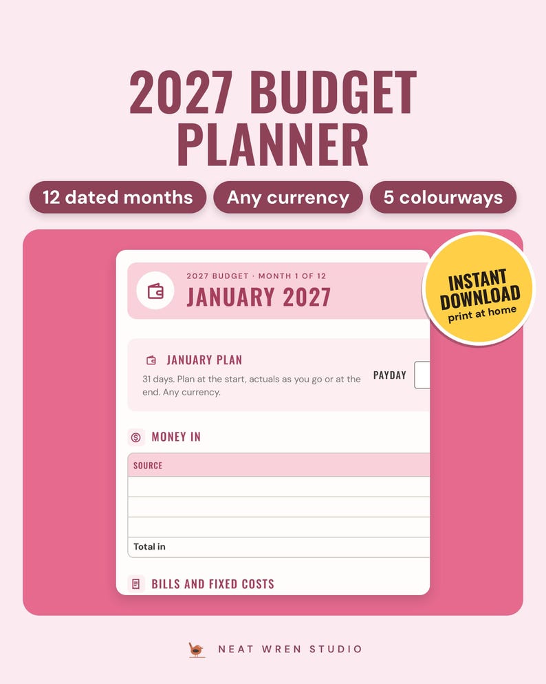 2027 Budget Planner Printable: main listing photo showing the product with an 'Instant download' badge. Digital product from Neat Wren Studio.