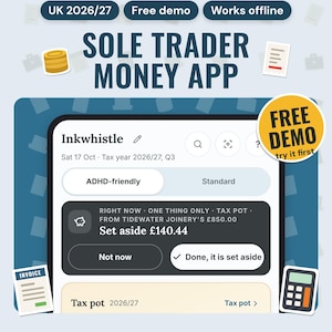 Sole Trader Money App UK 2026/27 | Self Assessment Expenses, Tax Pot, Mileage, Invoices, MTD Quarterly Totals, Works Offline, Free Demo
