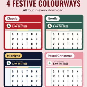 The On the tree word search in four colourways, Classic, Nordic, Midnight and Pastel Christmas, under the headline 4 festive colourways.