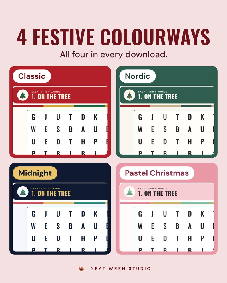 The On the tree word search in four colourways, Classic, Nordic, Midnight and Pastel Christmas, under the headline 4 festive colourways.