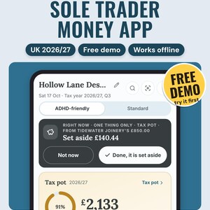 Calm Money Sole Trader app on a phone: Right now says set aside £140.44 from an £850 payment, above the tax pot at £2,133.