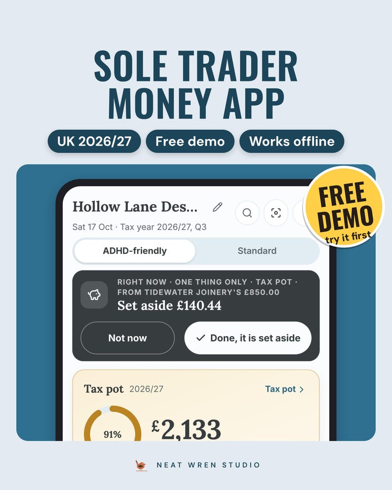 Calm Money Sole Trader app on a phone: Right now says set aside £140.44 from an £850 payment, above the tax pot at £2,133.