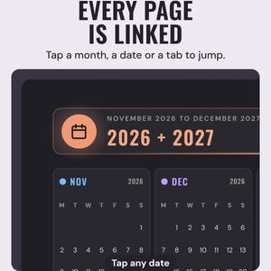 Dark mode index page on a tablet with mini calendars for November and December 2026; every date and month name is a link.