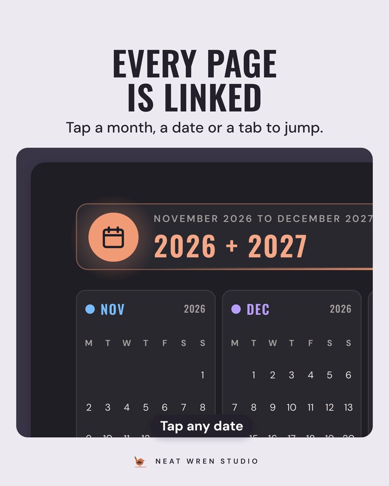 Dark mode index page on a tablet with mini calendars for November and December 2026; every date and month name is a link.