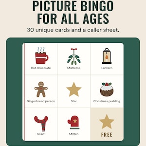 A Christmas bingo card with pictures such as hot chocolate, mistletoe and a free star, under the headline Picture bingo for all ages, 30 unique cards and a caller sheet.