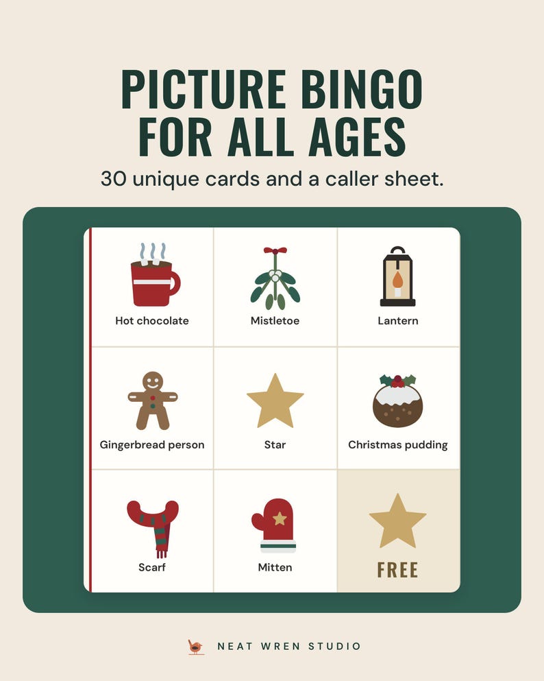 A Christmas bingo card with pictures such as hot chocolate, mistletoe and a free star, under the headline Picture bingo for all ages, 30 unique cards and a caller sheet.