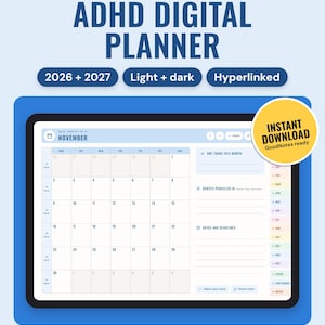 ADHD digital planner for 2026 and 2027 shown on a tablet: the November 2026 month page with a calendar, one thing this month, and coloured month tabs down the right edge.