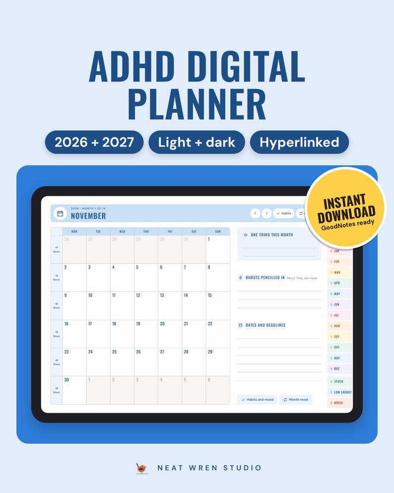 ADHD digital planner for 2026 and 2027 shown on a tablet: the November 2026 month page with a calendar, one thing this month, and coloured month tabs down the right edge.