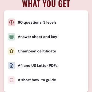 A white card under the headline What you get: 60 questions in 3 levels, an answer sheet and key, a champion certificate, A4 and US Letter PDFs and a short how-to guide.