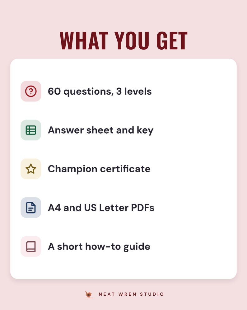 A white card under the headline What you get: 60 questions in 3 levels, an answer sheet and key, a champion certificate, A4 and US Letter PDFs and a short how-to guide.