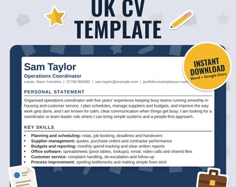 CV Template UK | ATS-Friendly Two-Page A4 Resume, Personal Statement, No Photo (Word, Google Docs)